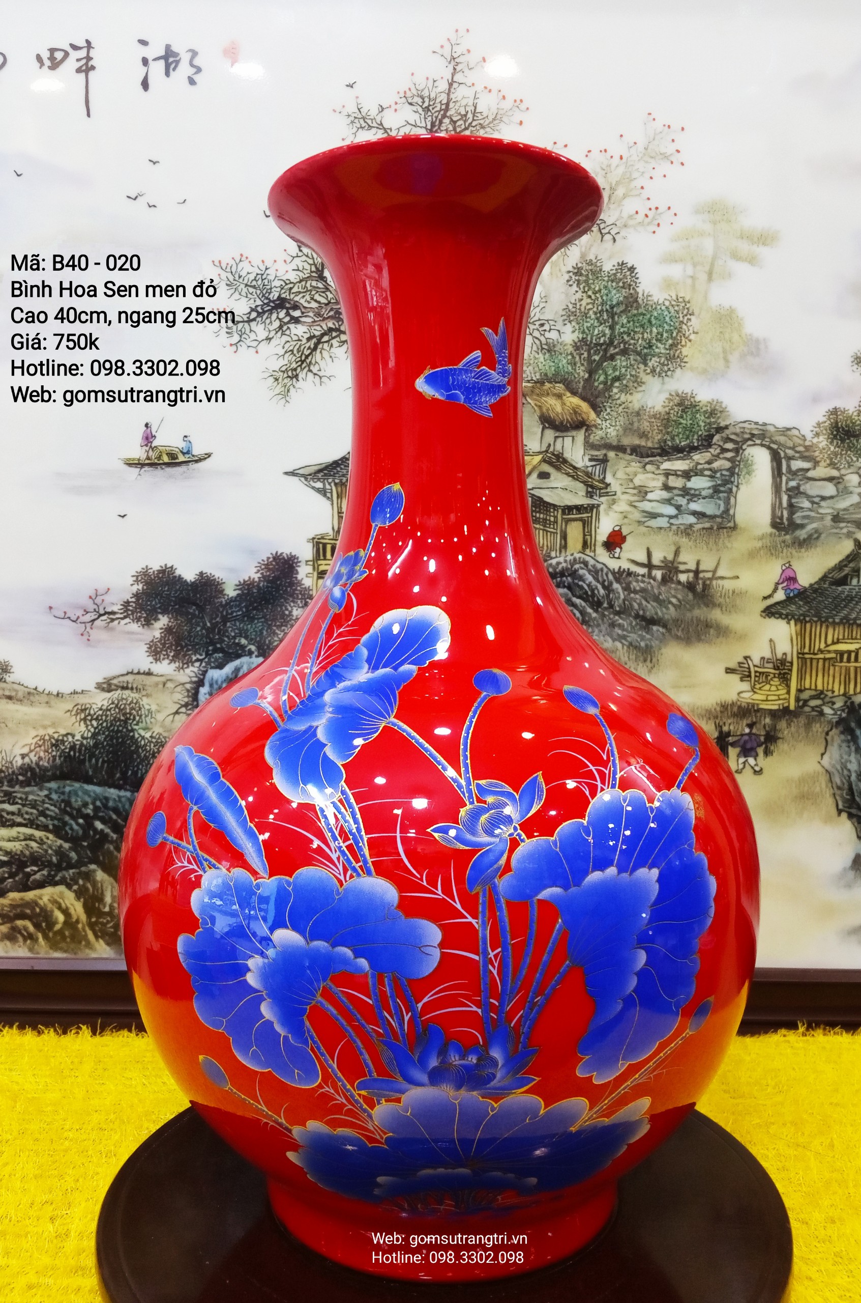 Bình men đỏ họa tiết Hoa Sen